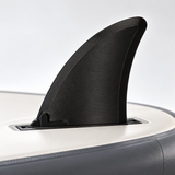 Illustrative view of a black Hydro Force compatible replacement fin mounted on an inverted SUP board