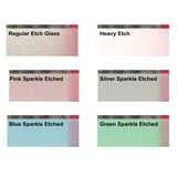 Samples of etched film finishes: Regular Etch, Heavy Etch, and Sparkle options in Pink, Silver, Blue, and Green.