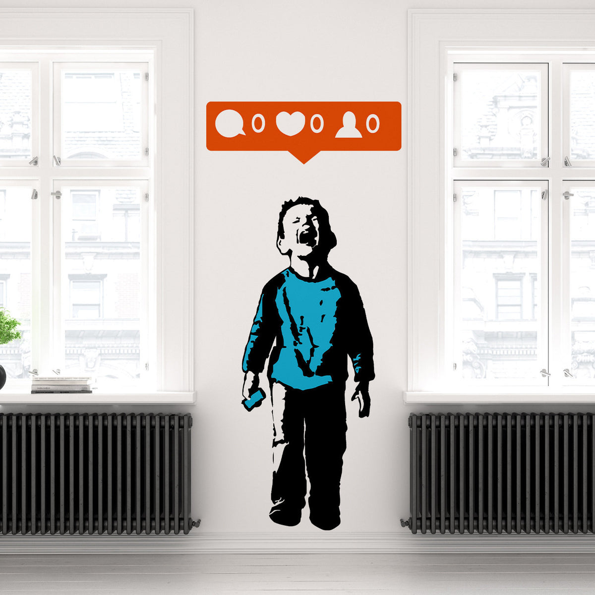 Crying boy with cellphone street art wall sticker.
