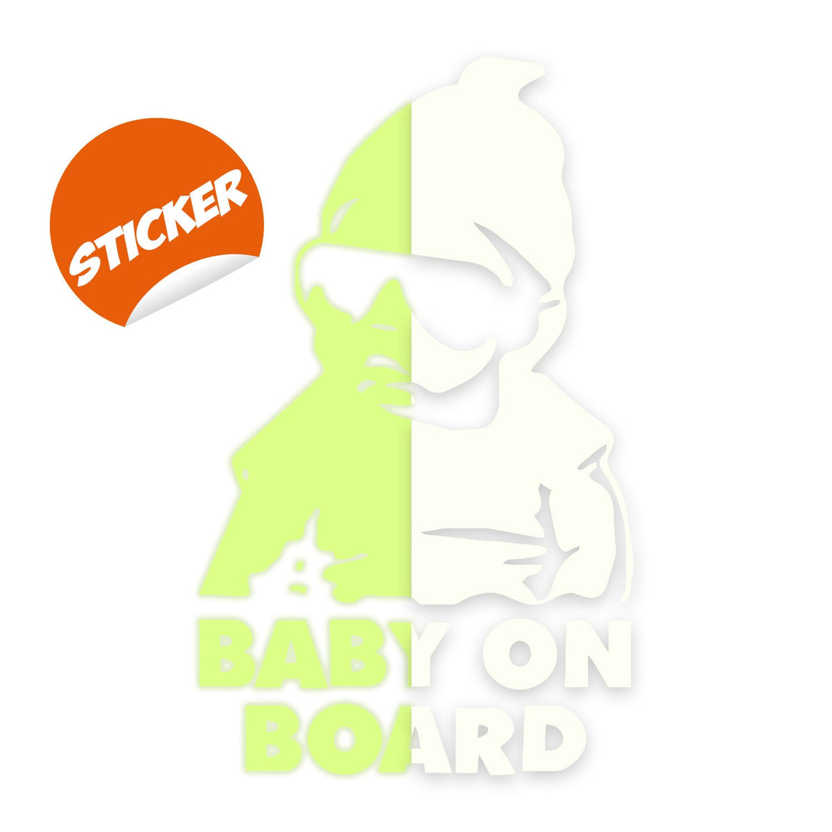 Glow In Dark Baby On Board Funny Car Vinyl Sticker shown on a vehicle.