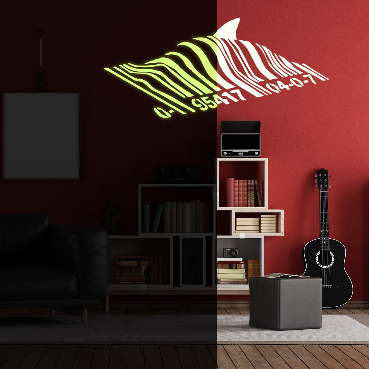 Glow-in-the-dark barcode shark wall decal with a swimming fish design.