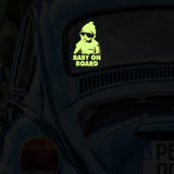 Product presentation view of Glow In Dark Baby On Board Funny Car Vinyl Sticker.