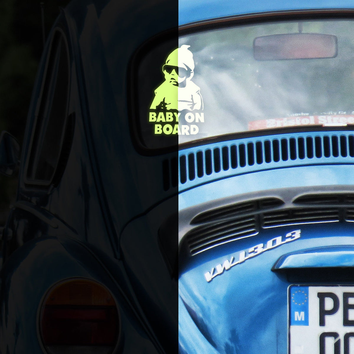 Product detail view of Glow In Dark Baby On Board Funny Car Vinyl Sticker.