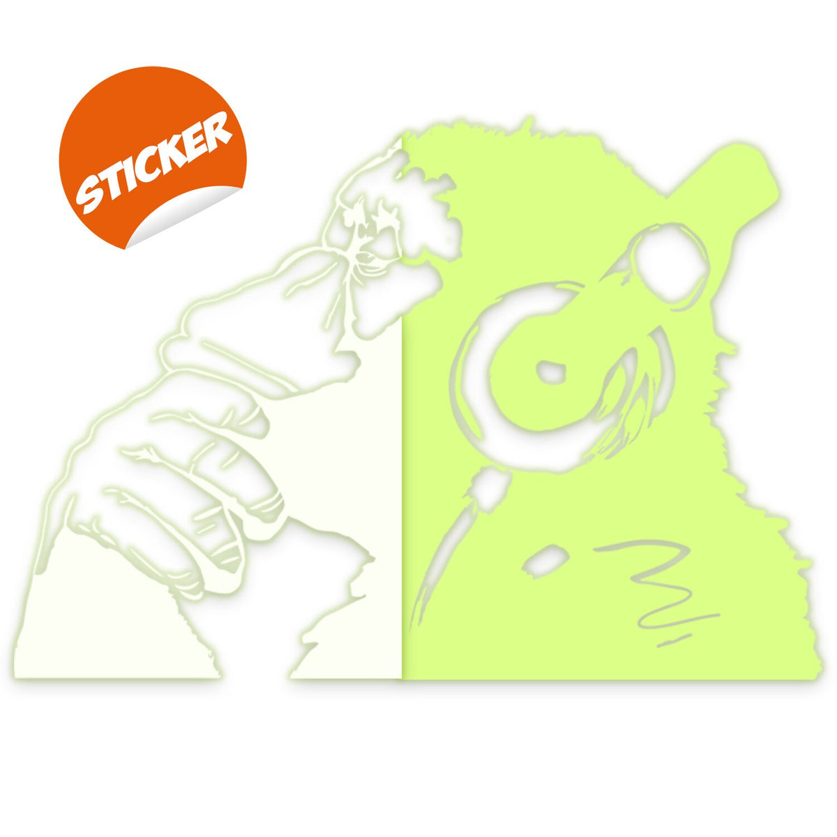 Glow-in-the-dark monkey with headphones vinyl wall decal shown in a room setting.