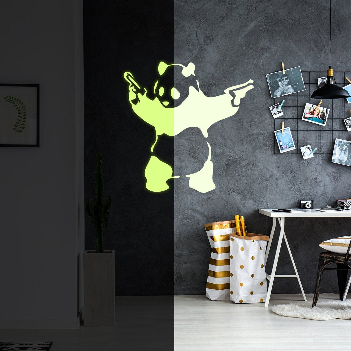 Glow-in-the-dark panda street art wall decal with a graffiti-style design.