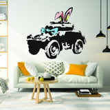 Armoured car street art wall decal displayed in a modern room.