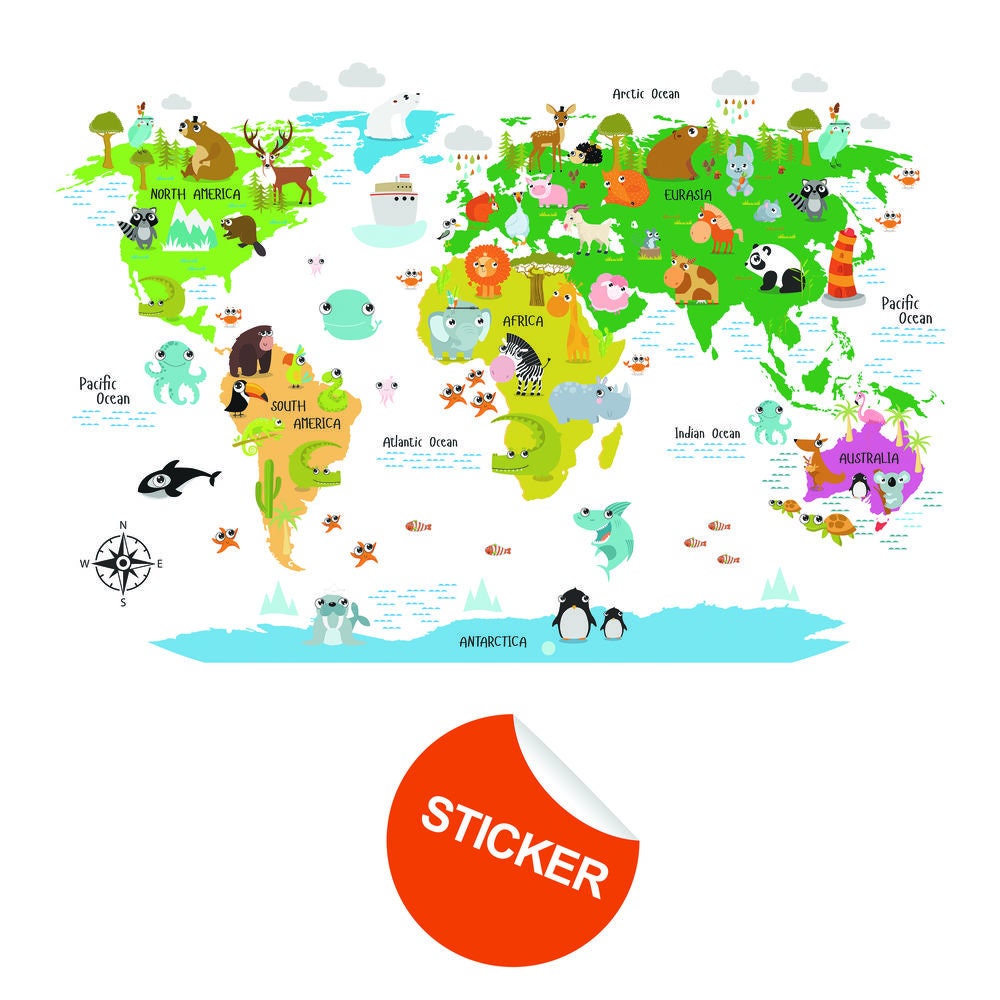 Kids World Map Wall Decal - Country Animal Room Decor Vinyl Sticker For Nursery.