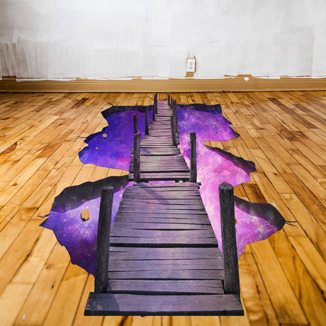 3D purple galaxy bridge floor decal with a space illusion