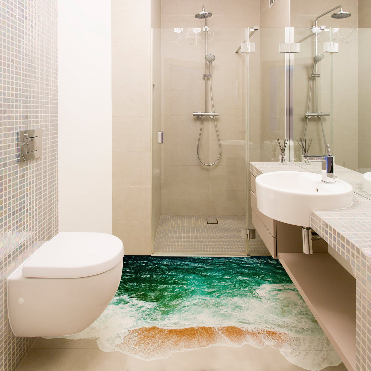 3d Sea Floor Bathroom Stickers Decor - Ocean Beach Vinyl Decals For Bathtub Bath Shower Flooring.
