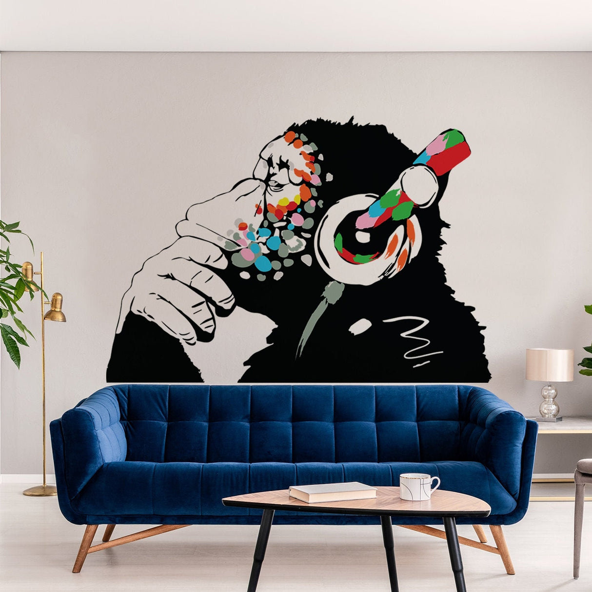 Thinking monkey with headphones vinyl wall decal.