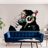 Thinking monkey with headphones vinyl wall decal.