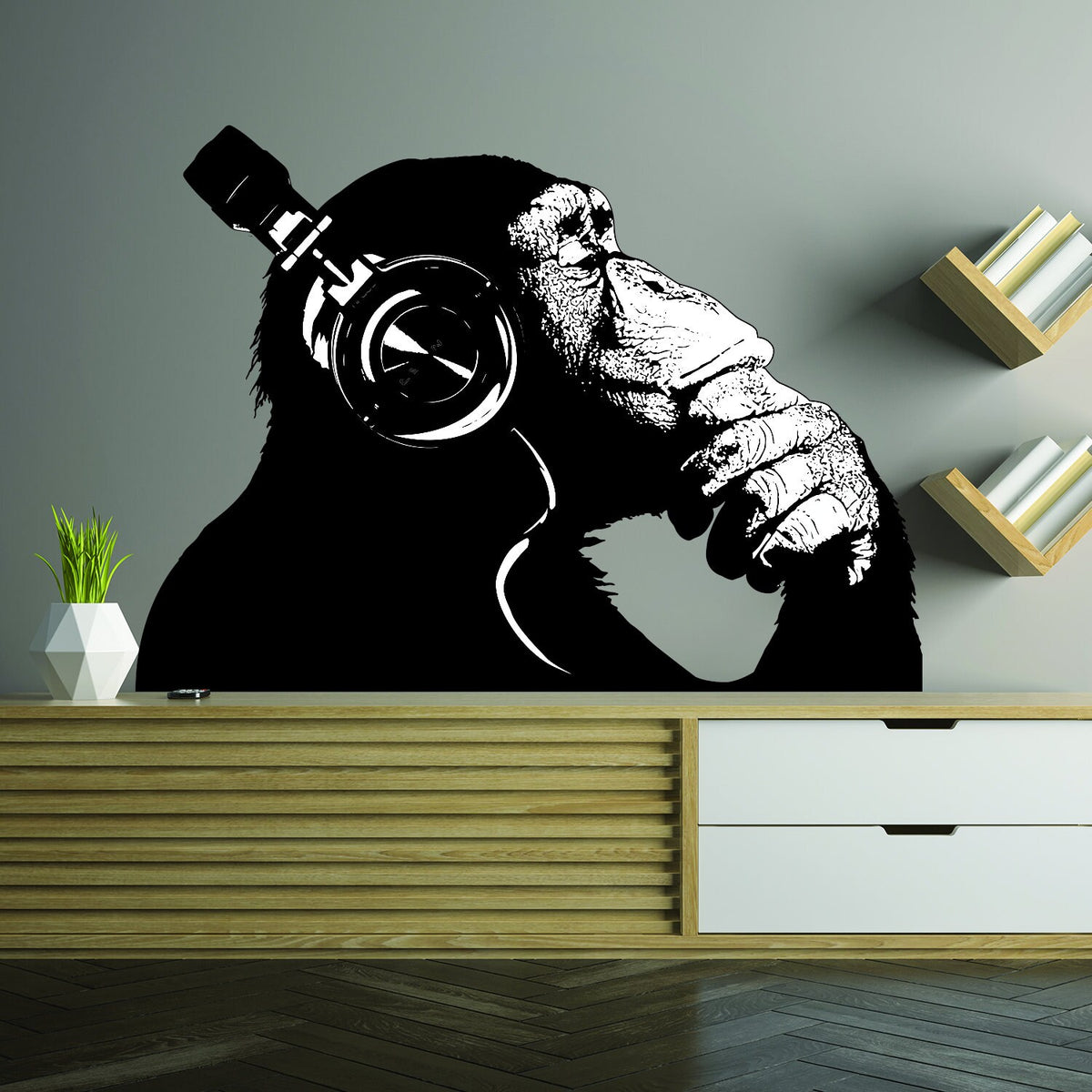 Product detail view of Artist Monkey With Headphones Wall Sticker.