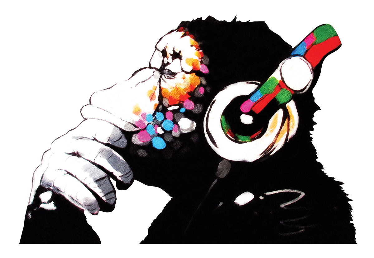 Thinking monkey with headphones vinyl wall decal.