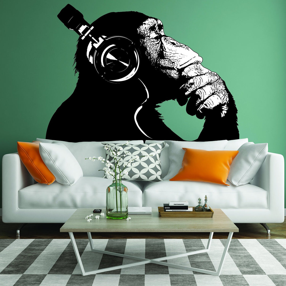 Thinking monkey with headphones vinyl wall decal.