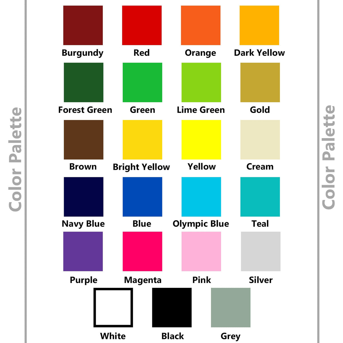 Vinyl decal color options chart with multiple color swatches.