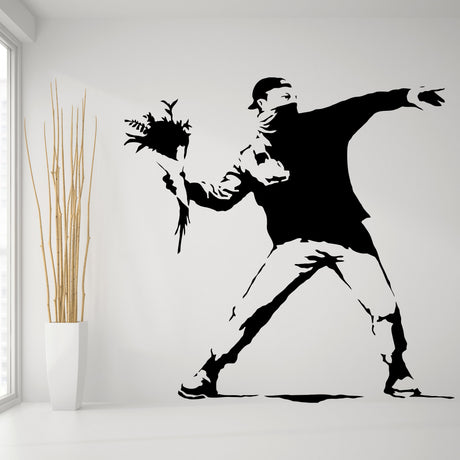 Flower thrower street art vinyl wall decal.
