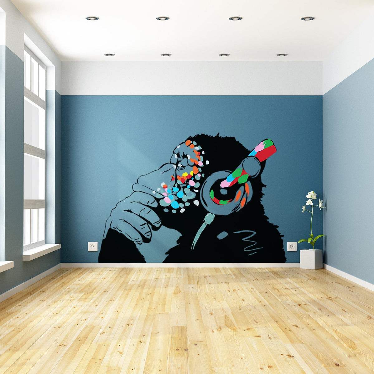 Thinking monkey with headphones wall sticker.