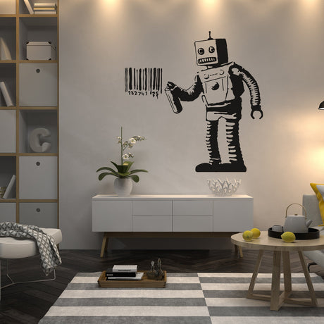 Barcode robot street art vinyl wall sticker.