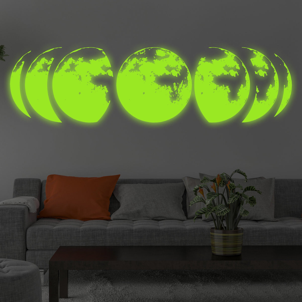 Glow-in-the-Dark Moon Phases Wall Decal displayed in a room setting.