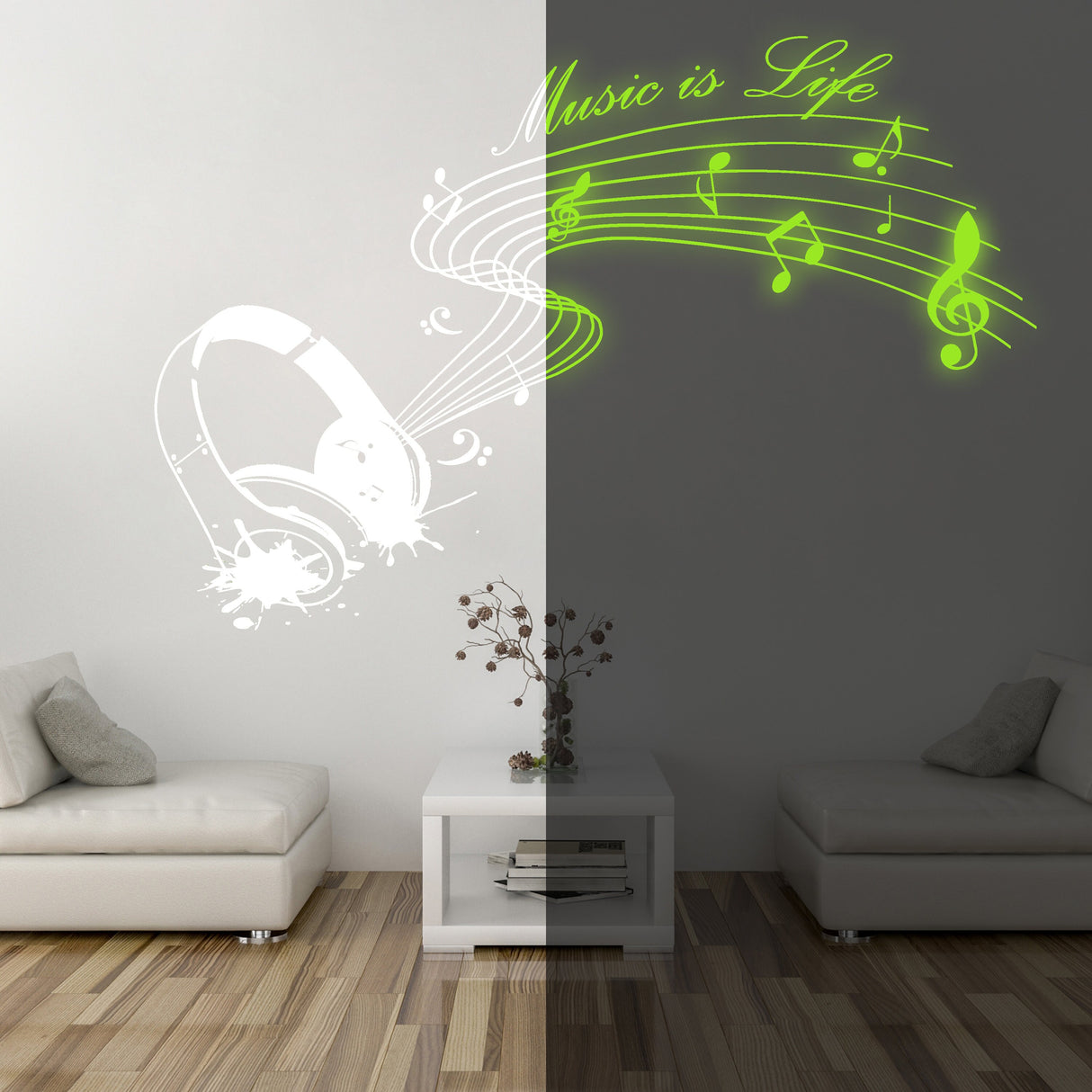 Product presentation view of Glow In Dark Music Is Life Wall Sticker.