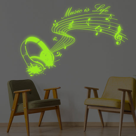 Glow In Dark Music Is Life Wall Sticker - Nigh Light Note Quote Decor Art Vinyl Decal
