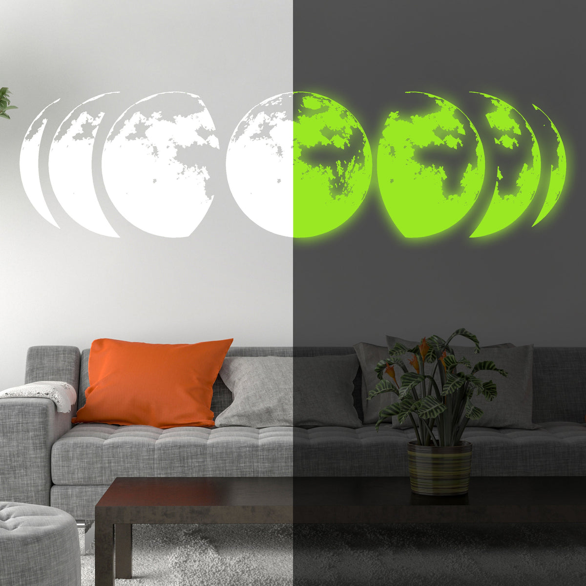 Product presentation view of Glow-in-the-Dark Moon Phases Wall Decal.