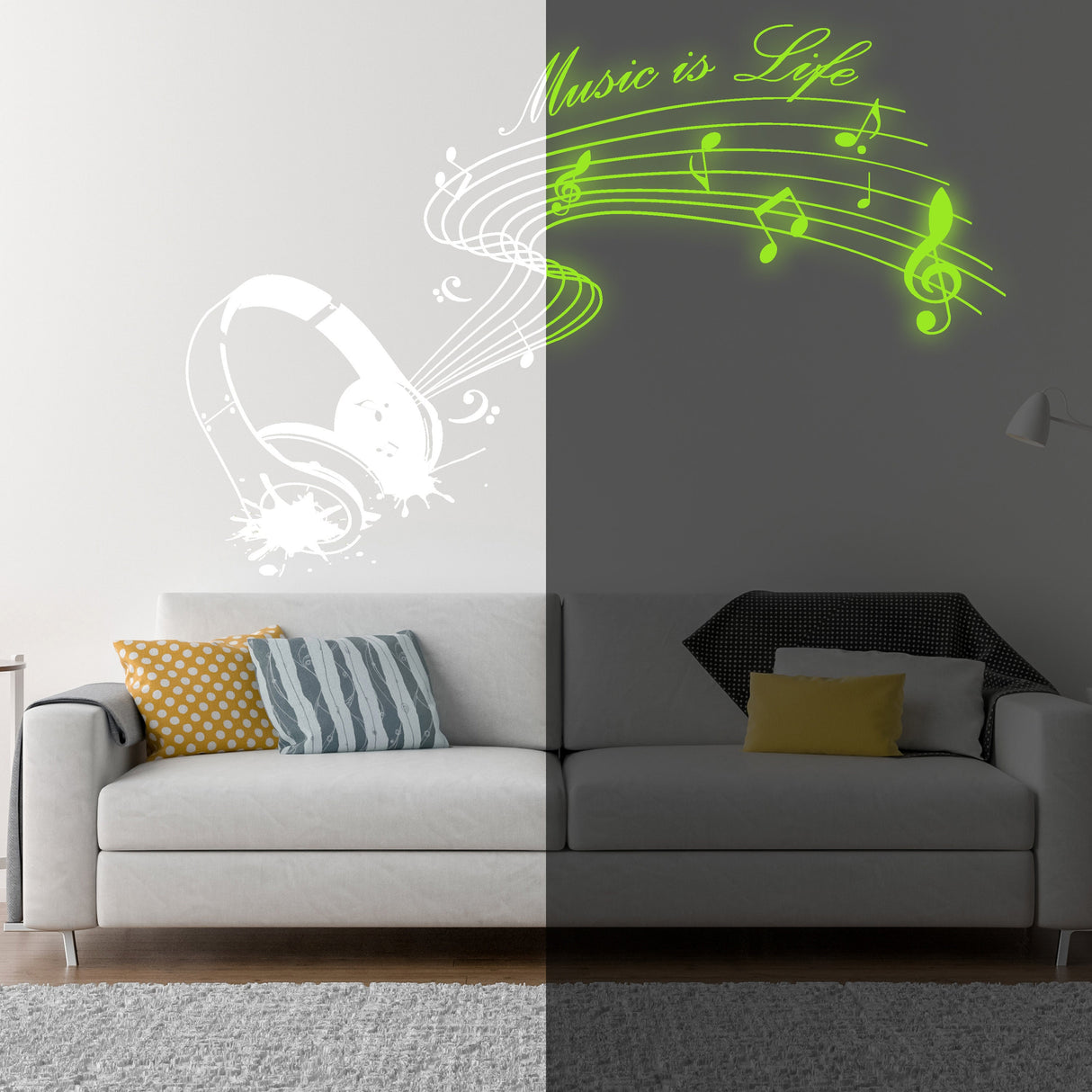 Glow In Dark Music Is Life Wall Sticker - Nigh Light Note Quote Decor Art Vinyl Decal.