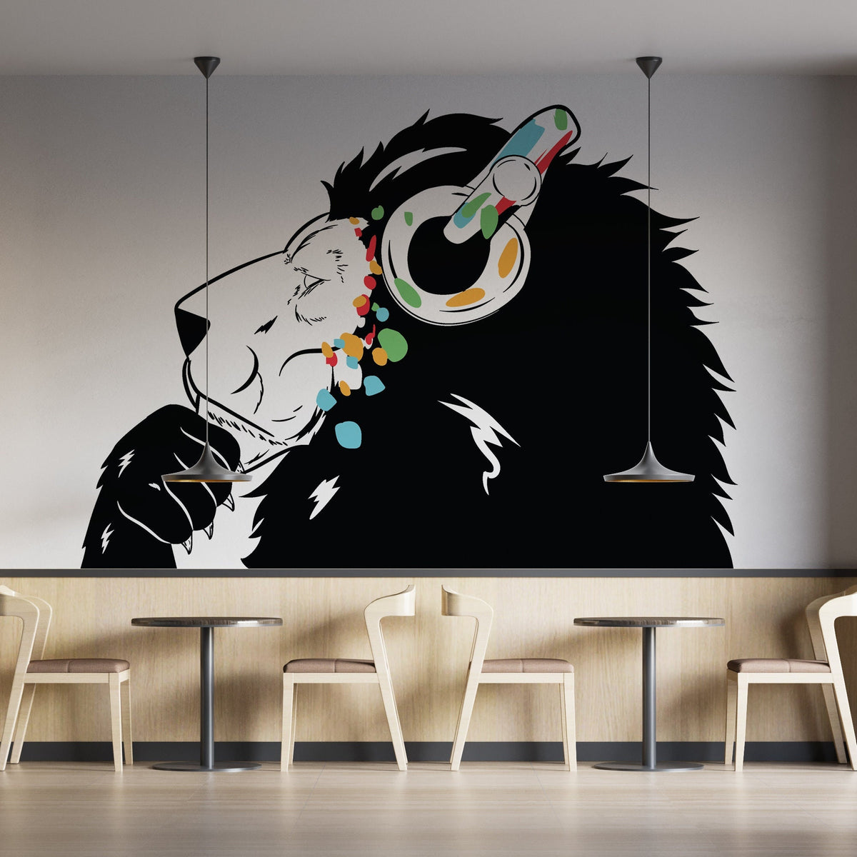 Lion in headphones wall decal shown in a product image.