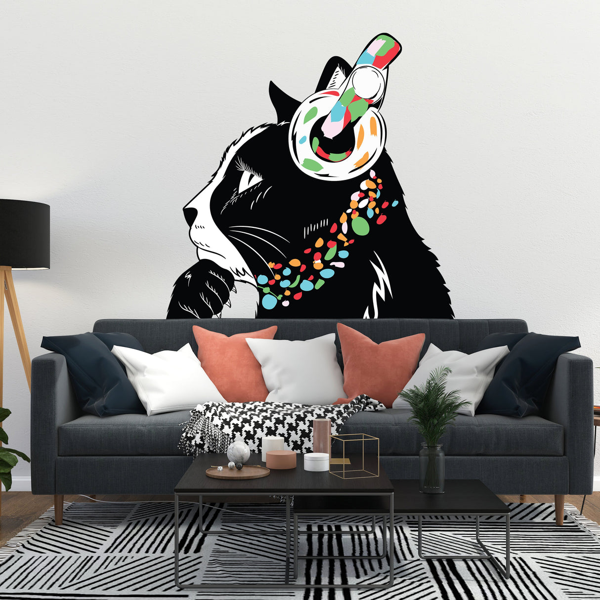 Cat in Headphones Stickers - Inspired by Banksy Graffiti Wall Decal.
