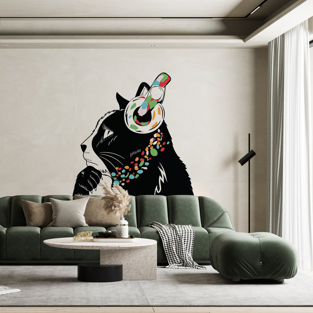 Cat Wall Art Sticker - Thinking Dj Kitten Head Headphones Vinyl Decal