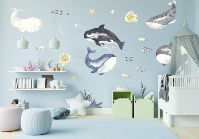 Sea Whales Wall Sticker For Kids Room Decor - The Under Ocean Life Baby Boy Nursery Decal