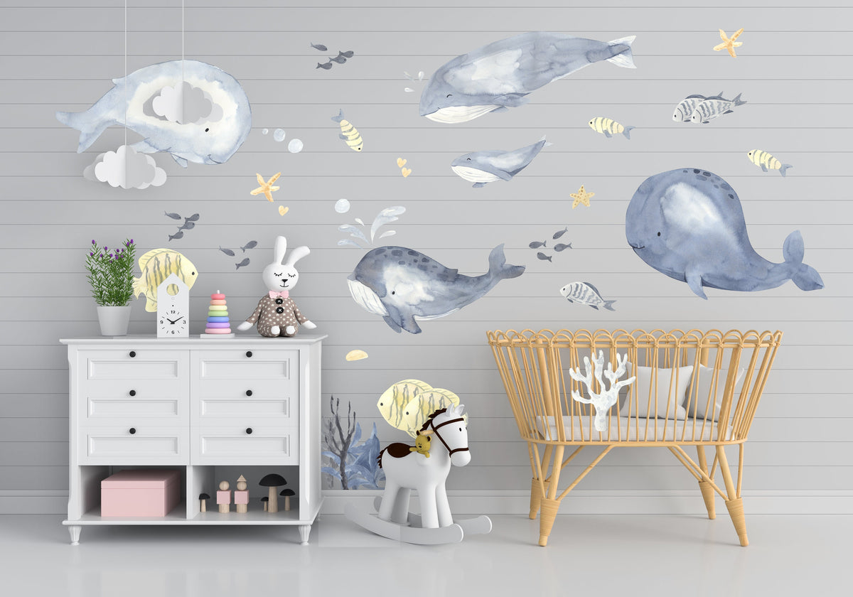 Product presentation view of Ocean Whales Wall Sticker For Kids Room Decor.