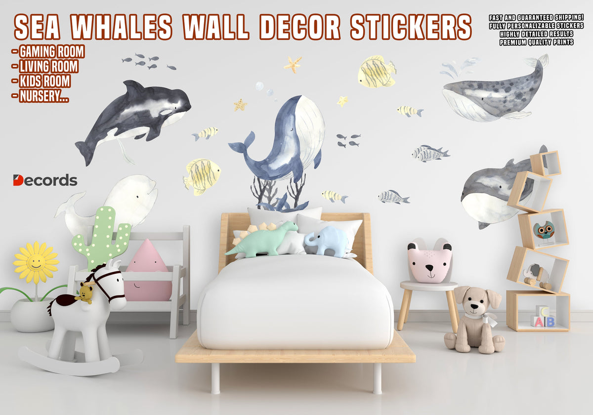 Sea Whales Wall Sticker For Kids Room Decor - The Under Ocean Life Baby Boy Nursery Decal.