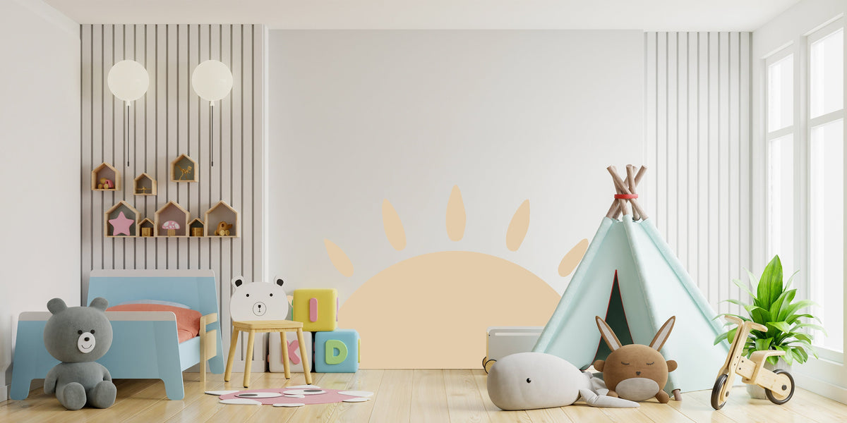 Round mountain sun wall sticker for kids room decor.