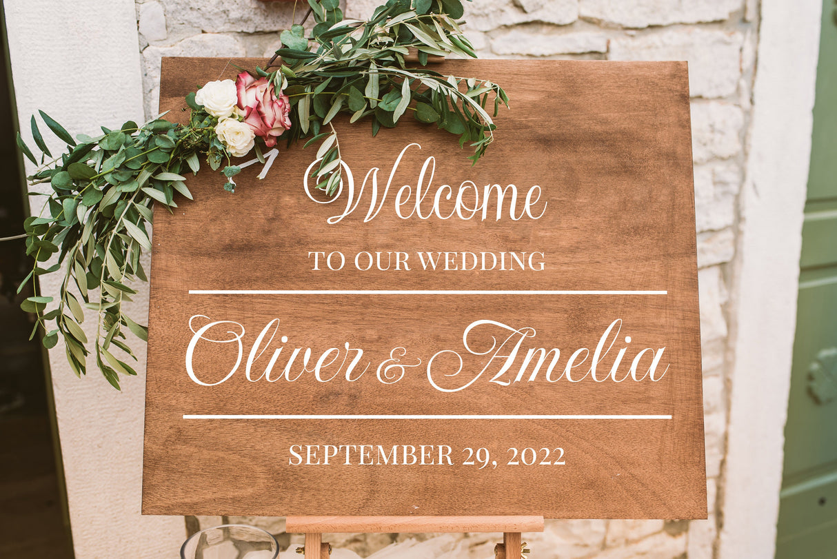 Black personalized wedding welcome sign decal shown in a modern ceremony setting.