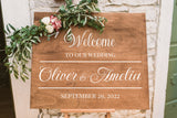 Black personalized wedding welcome sign decal shown in a modern ceremony setting.