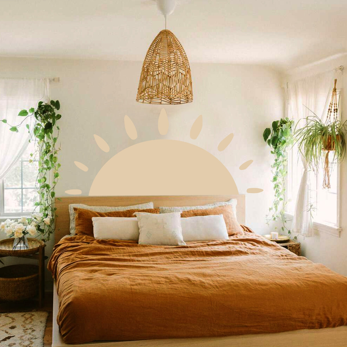 Boho mountain sun wall sticker for bedroom decor.