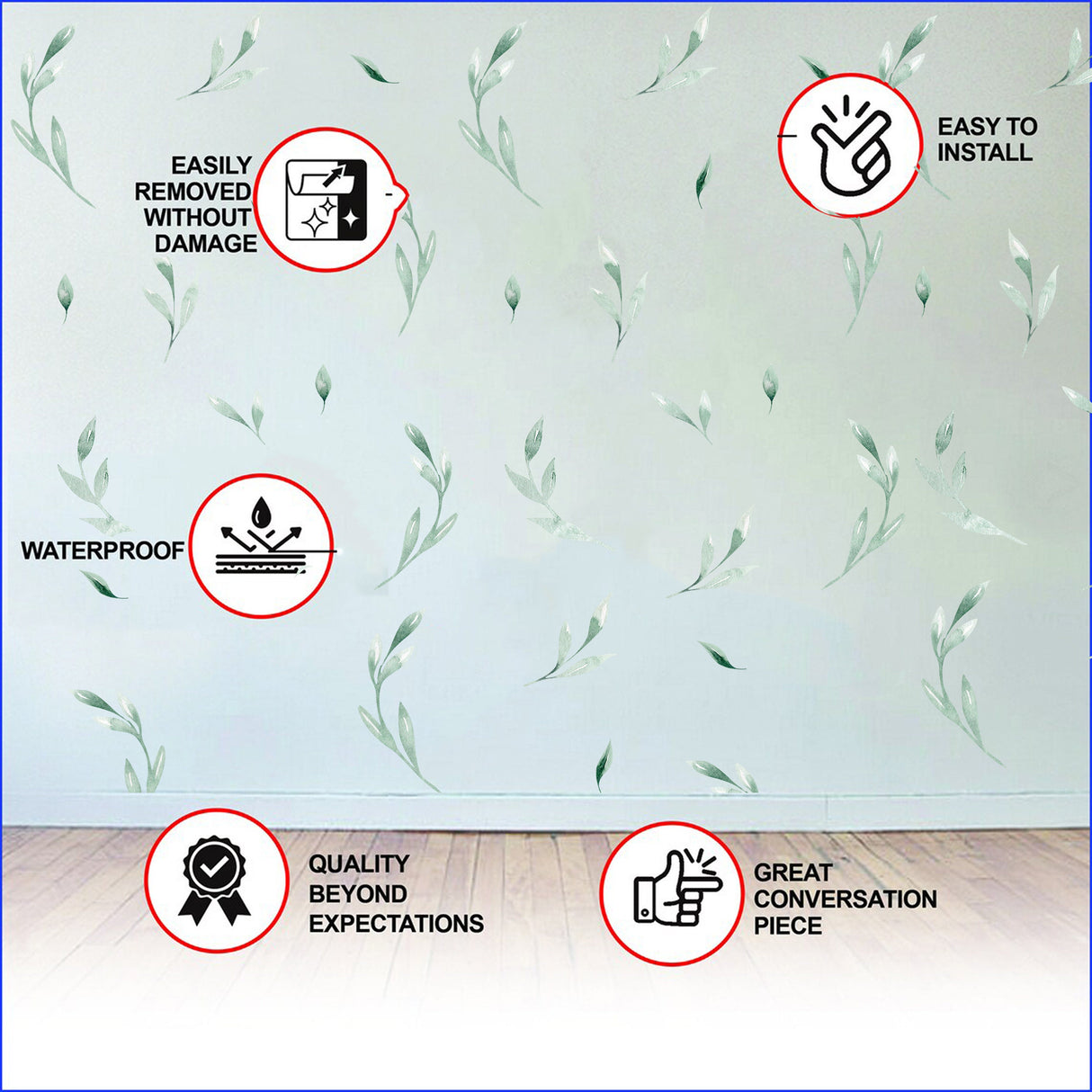 Leaf Wall Decor Stickers - Botanical Peel Stick Green Leafs Decals.