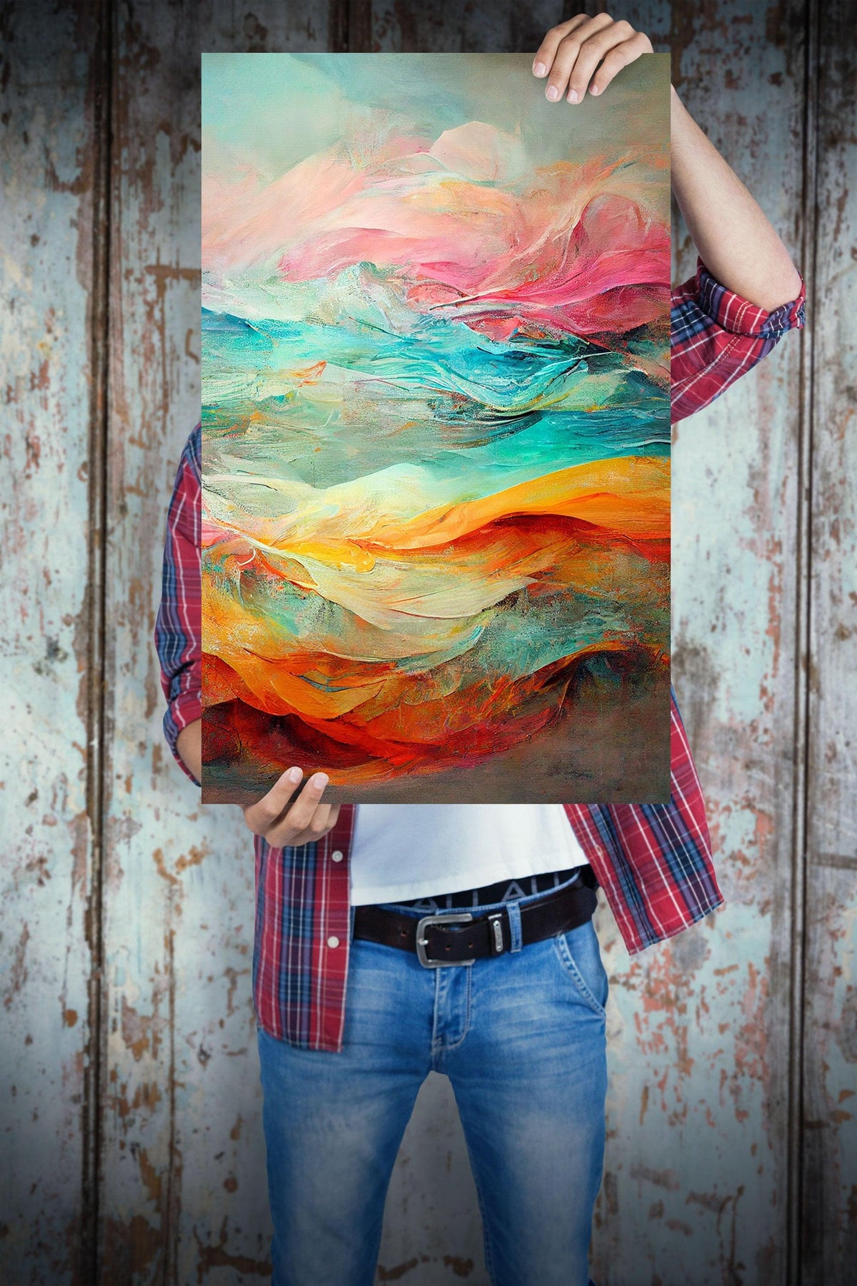 Person holding vibrant personalized canvas wall art with colorful abstract design.
