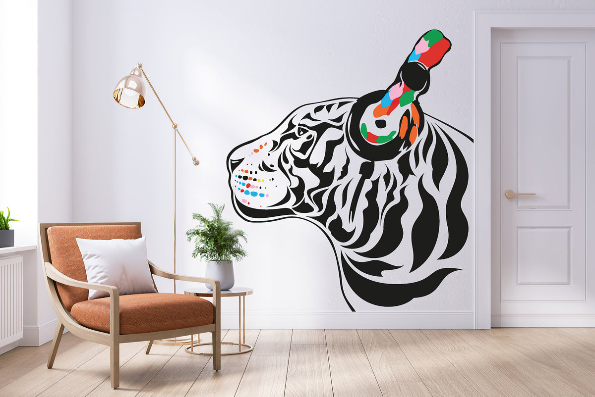 Tiger wall sticker with music headphones.