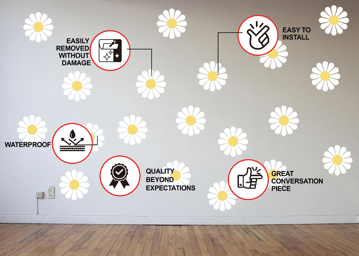 24x Daisy Flowers Wall Stickers - White Floral Room Decor Decals.