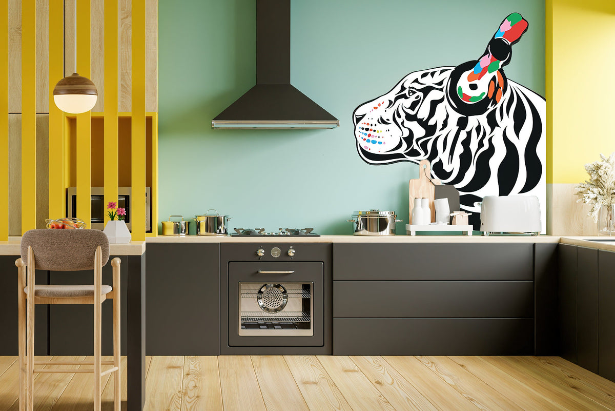 Thinking tiger wall decal with headphones.