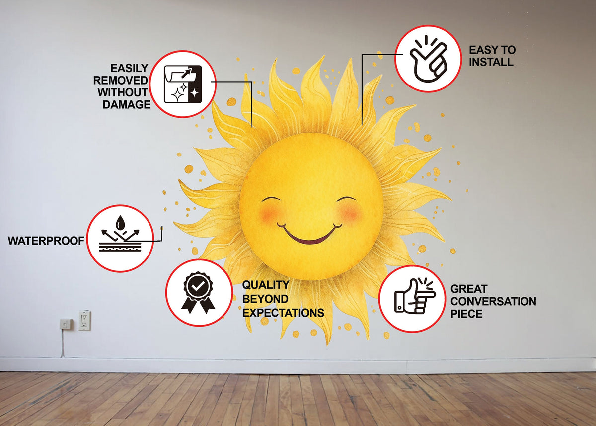 Watercolor Happy Sun Wall Sticker - Cheerful Nursery Decor Decal.
