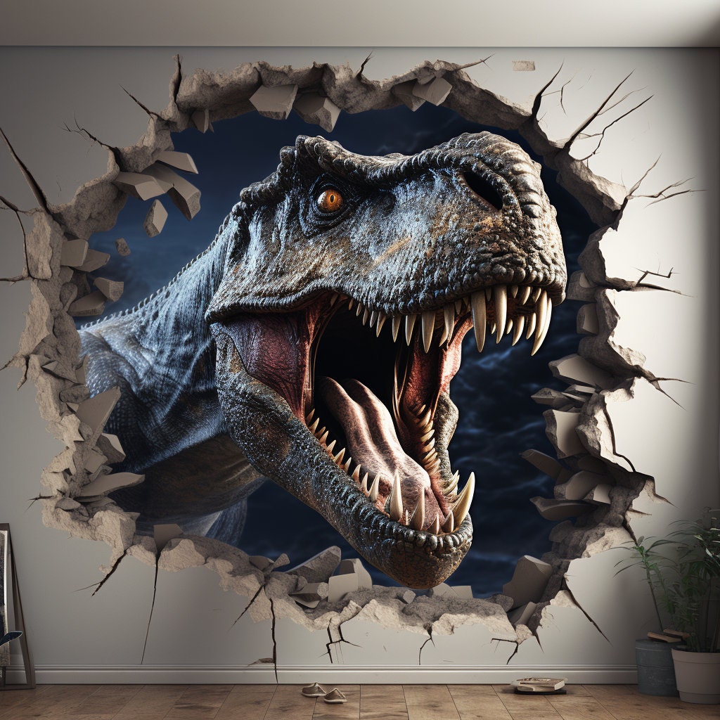 3D Dinosaurs Art Wall Sticker - Vinyl Decor with Broken Illusion Effect.