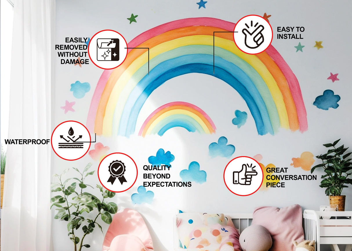 Boho Rainbow Wall Decor Stickers - Watercolor Clouds Stars Decals.