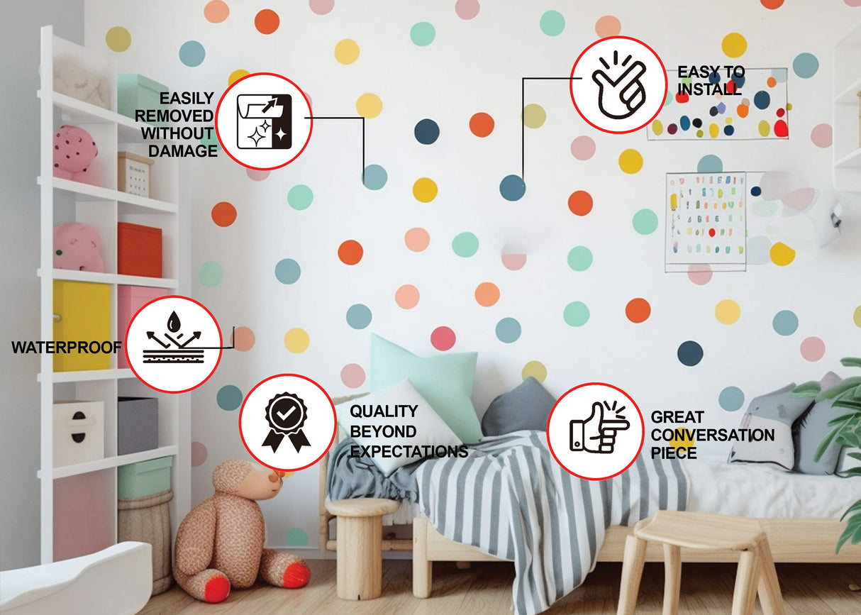 50x Kids Playroom Round Dots Decals - Watercolor Play Sign Stickers.