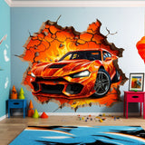 3D fire race car wall decal with a cracked-wall breakthrough illusion