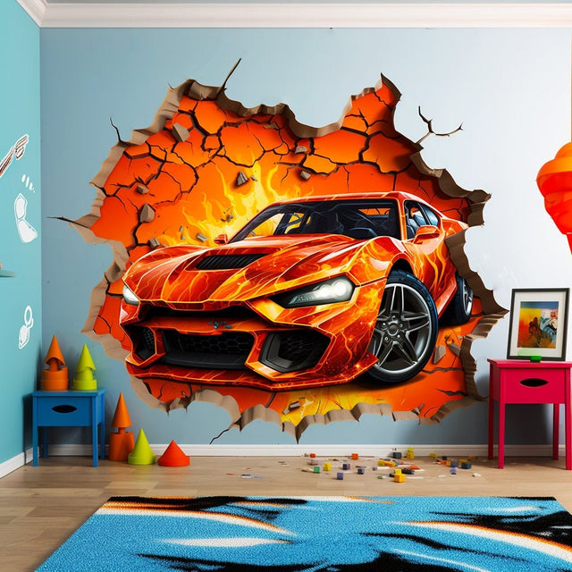 3D fire race car wall decal with a cracked-wall breakthrough illusion