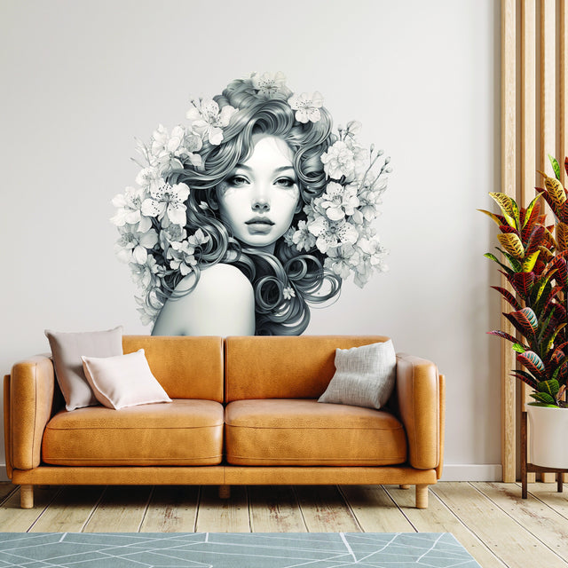 Elegant woman with floral hair wall sticker shown in a product view.
