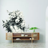 Product detail view of the woman with floral hair wall decal.